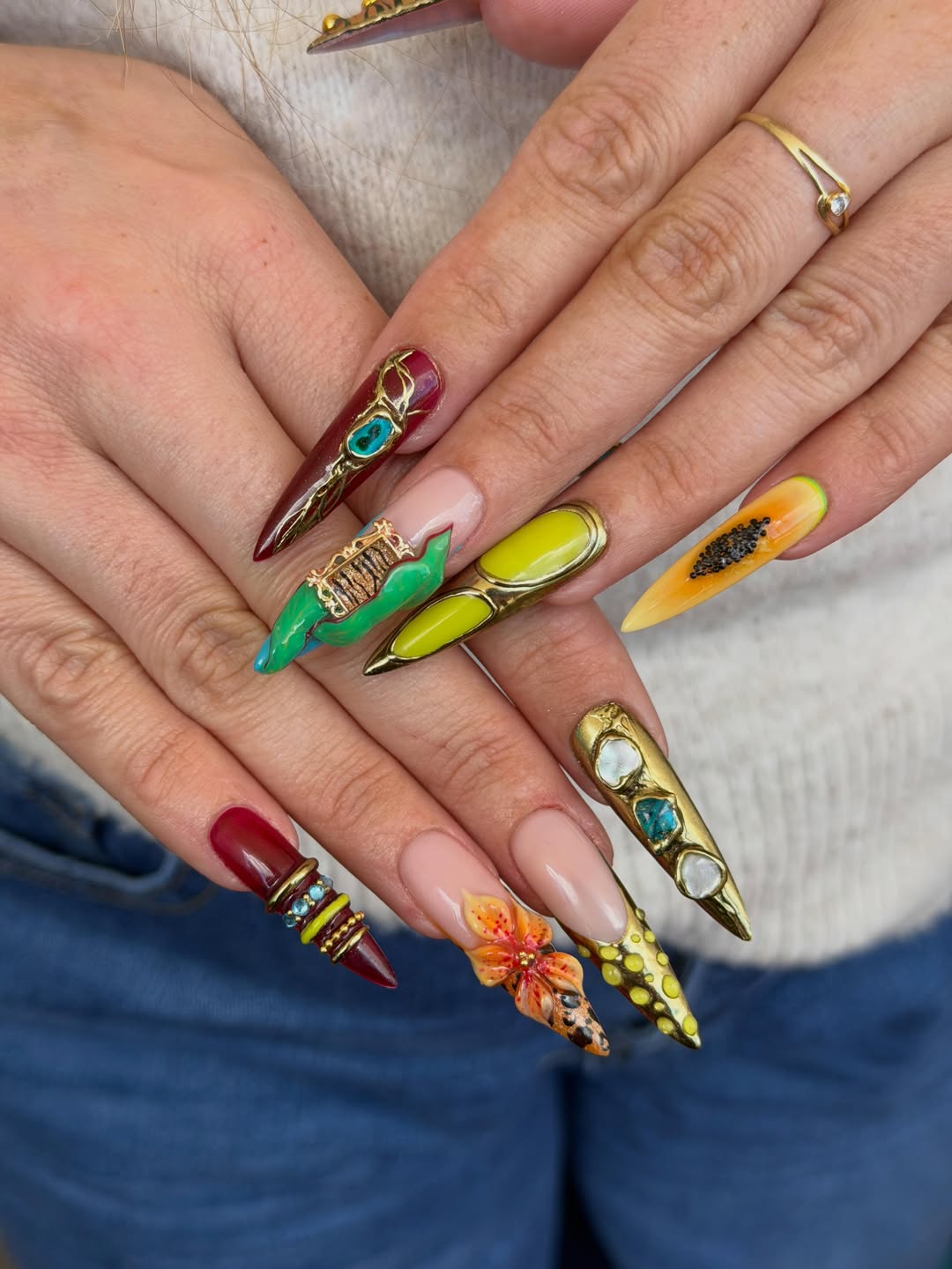 Maximalist 3D Tropical Gold Gemstone Stiletto Nails