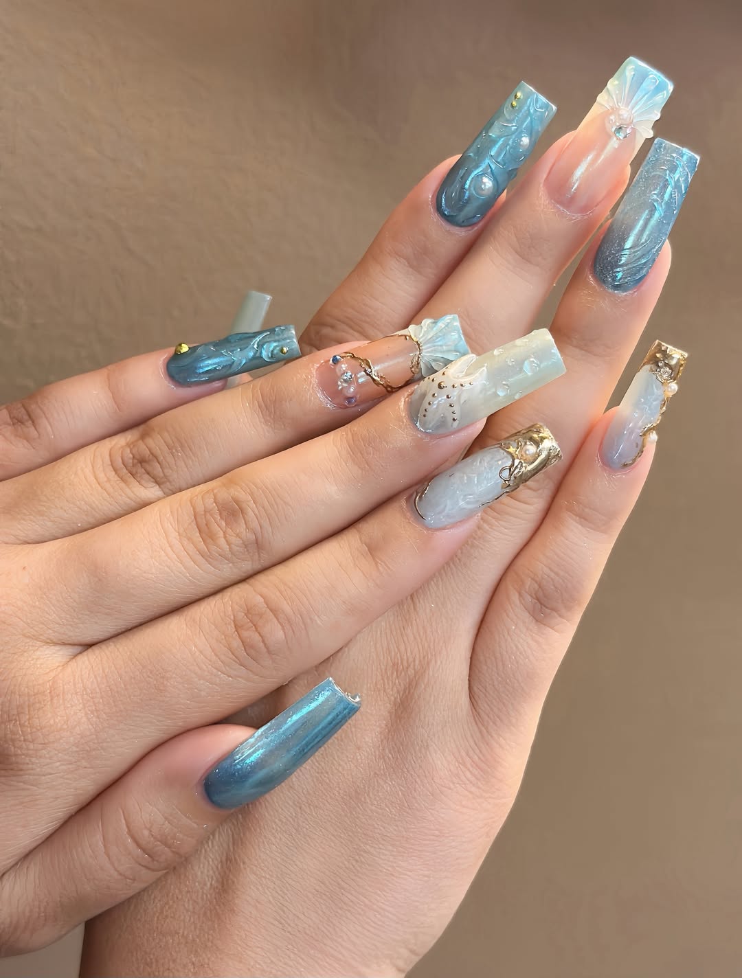 Mermaid Core Blue 3D Pearl Coffin Nails