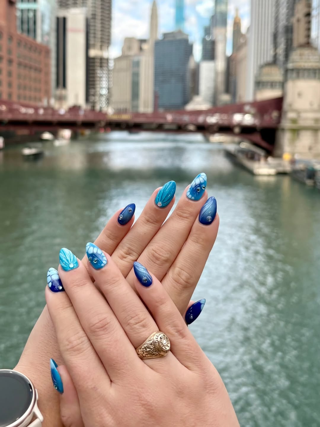 Mermaid Core Blue Ocean Swirl 3D Rhinestone Stiletto Nails