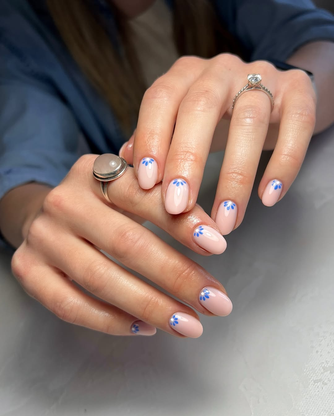 Milk Pink Glossy Nails with Blue Floral Art