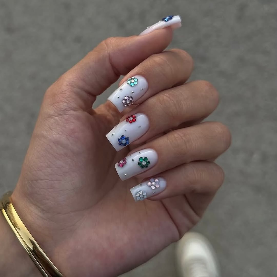 Milk White Coffin Nails with Colorful Flower Jewels