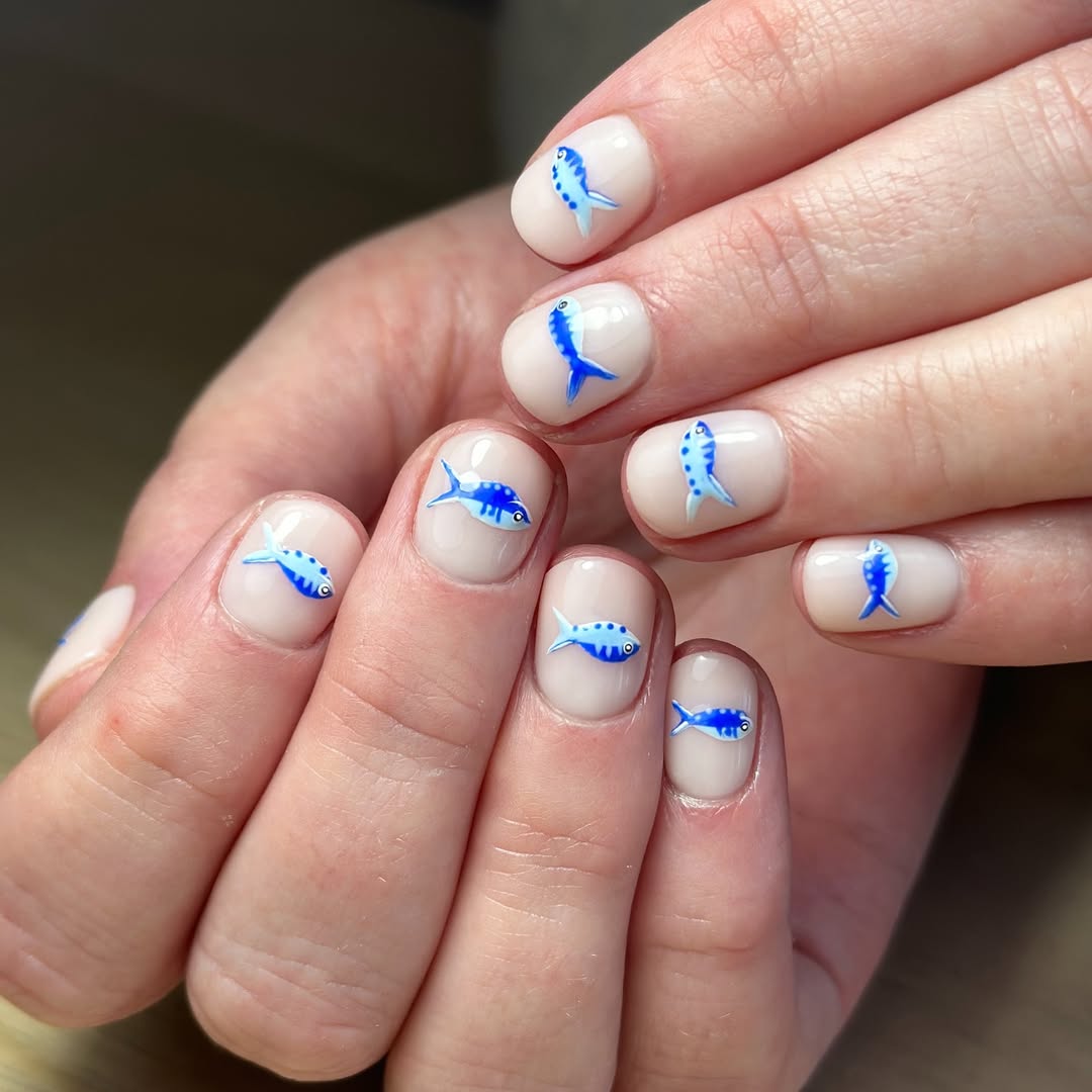 Milky Nude Blue Fish Hand-Painted Short Round Nails