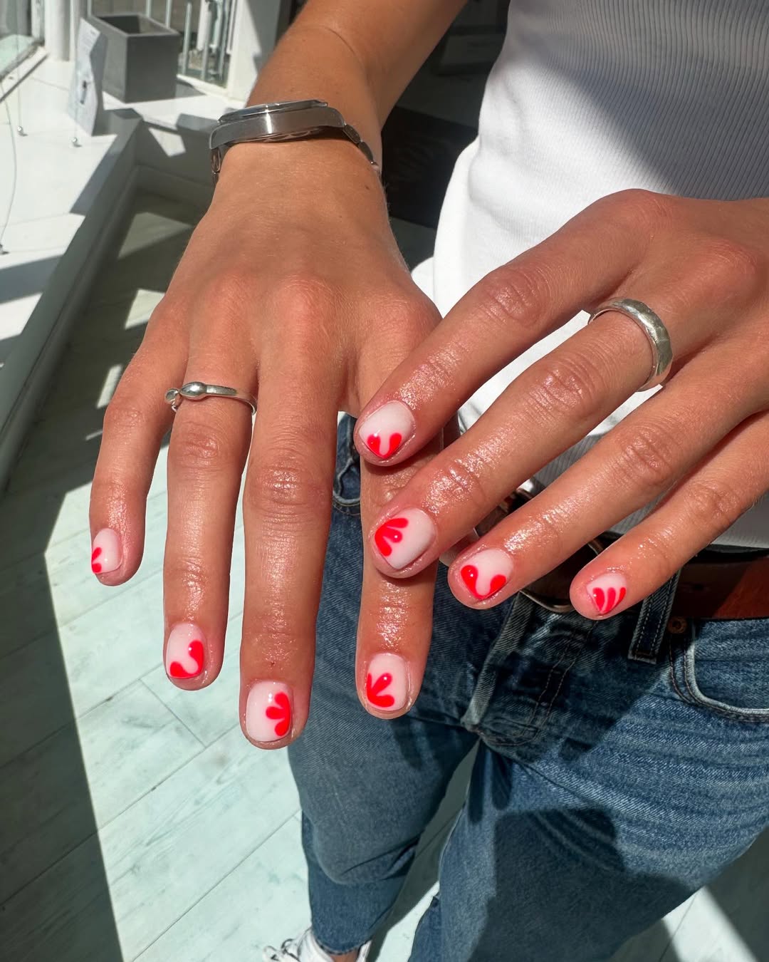 Milky Pink Abstract Red Heart Squoval Nails