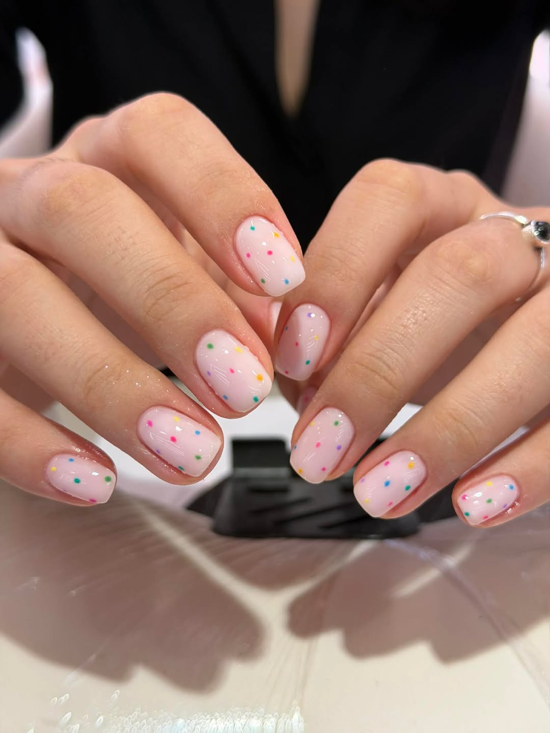 Milky Pink Confetti Polka Dot Short Squoval Nails