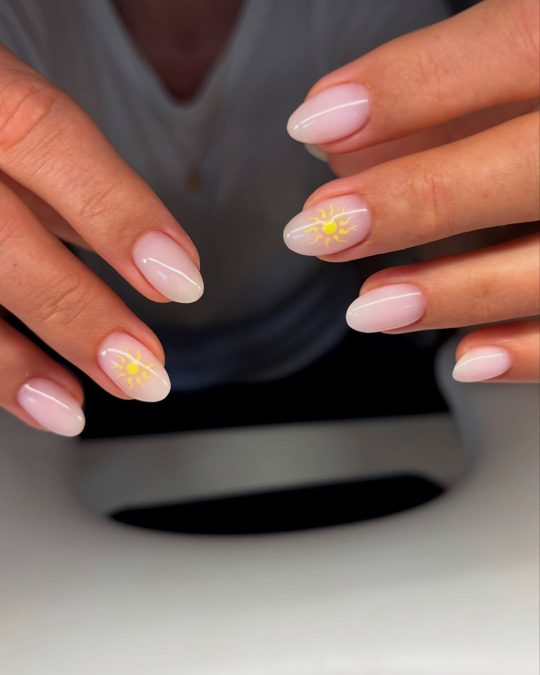 Milky Pink Oval Nails With Sunny Yellow Hand-Painted Art