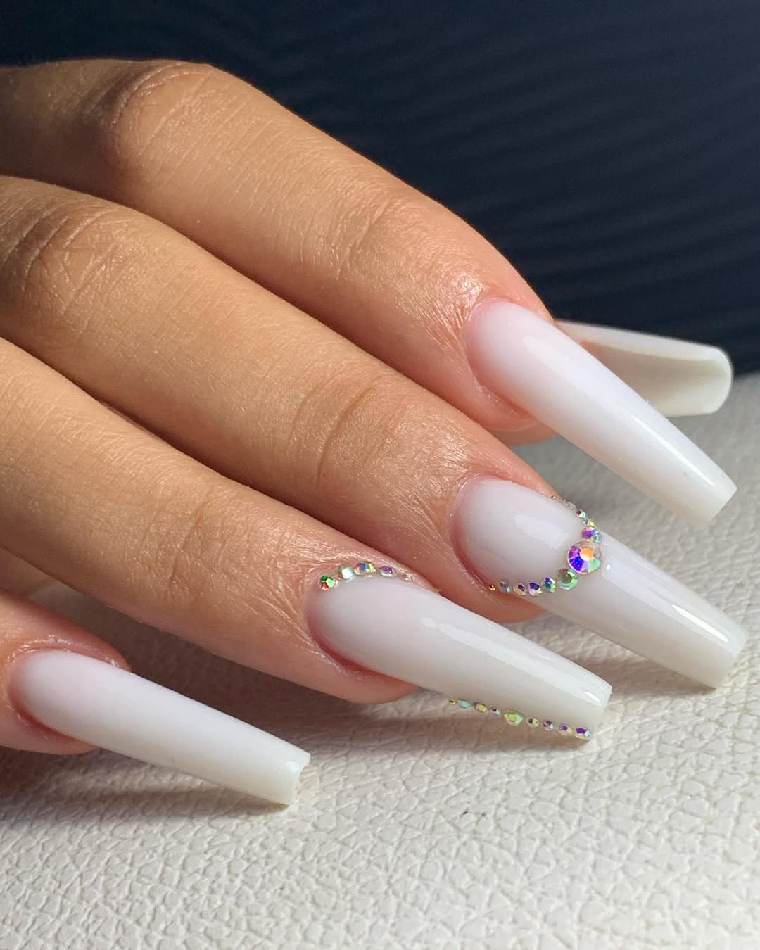 Milky White Coffin Nails with Aura Rhinestones