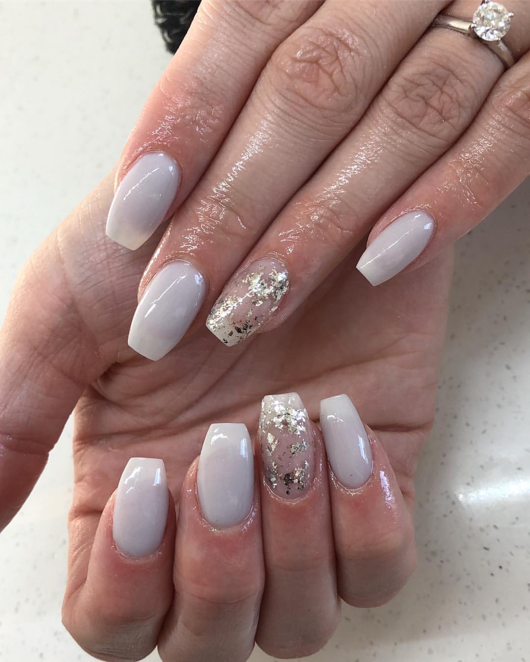 Milky White Coffin Nails with Silver Flakes