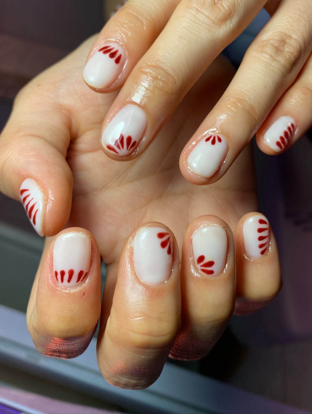 Milky White Glossy Nails Red Petal Art