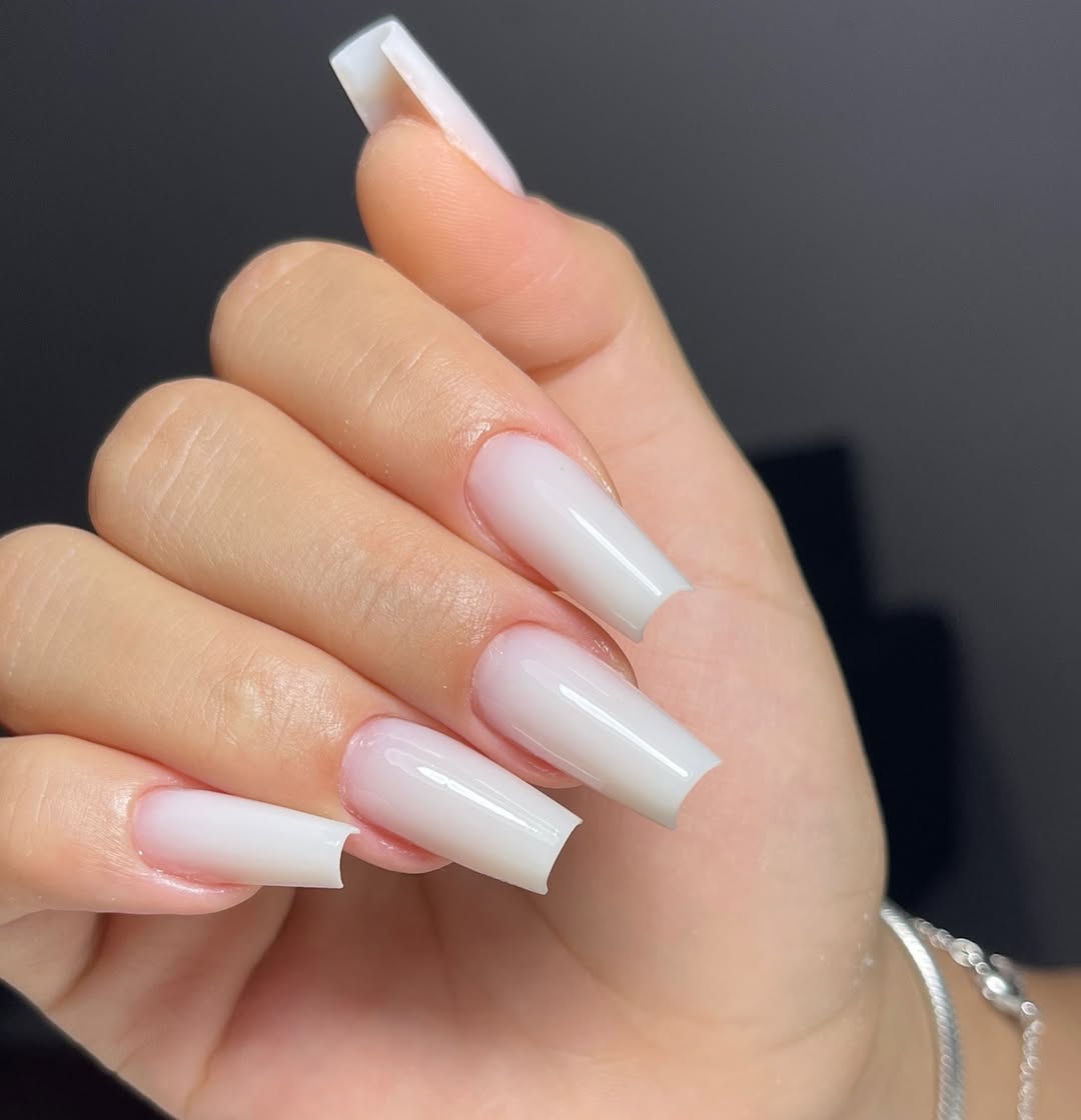 Milky White Glossy Ombre Coffin Nails