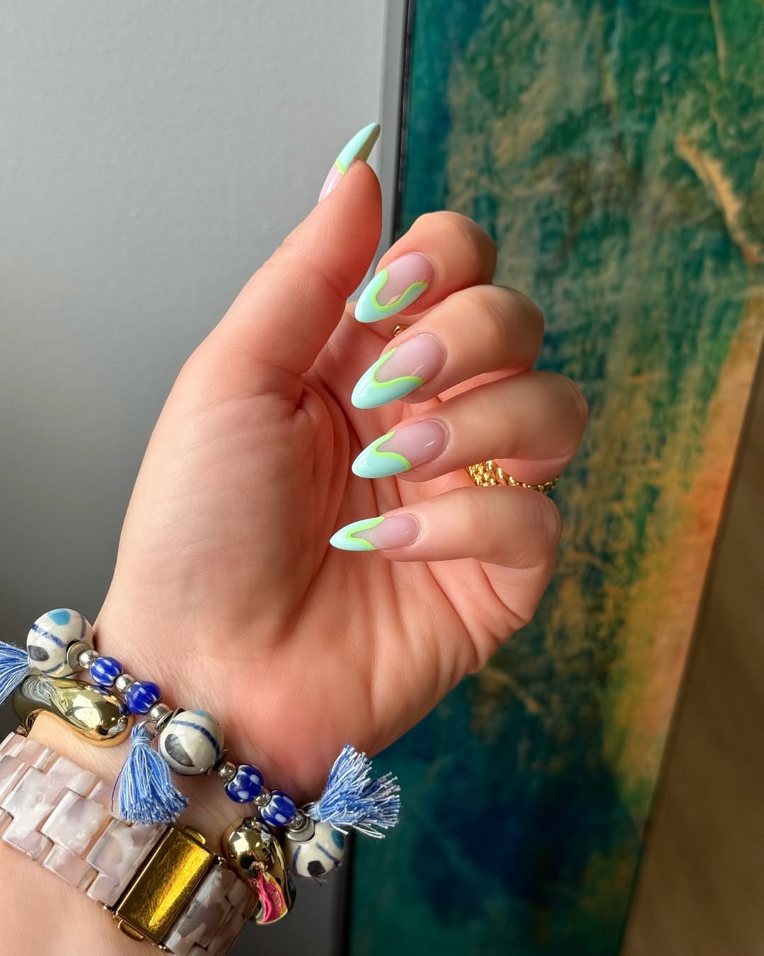 Mint and Lime Green Abstract French Tips