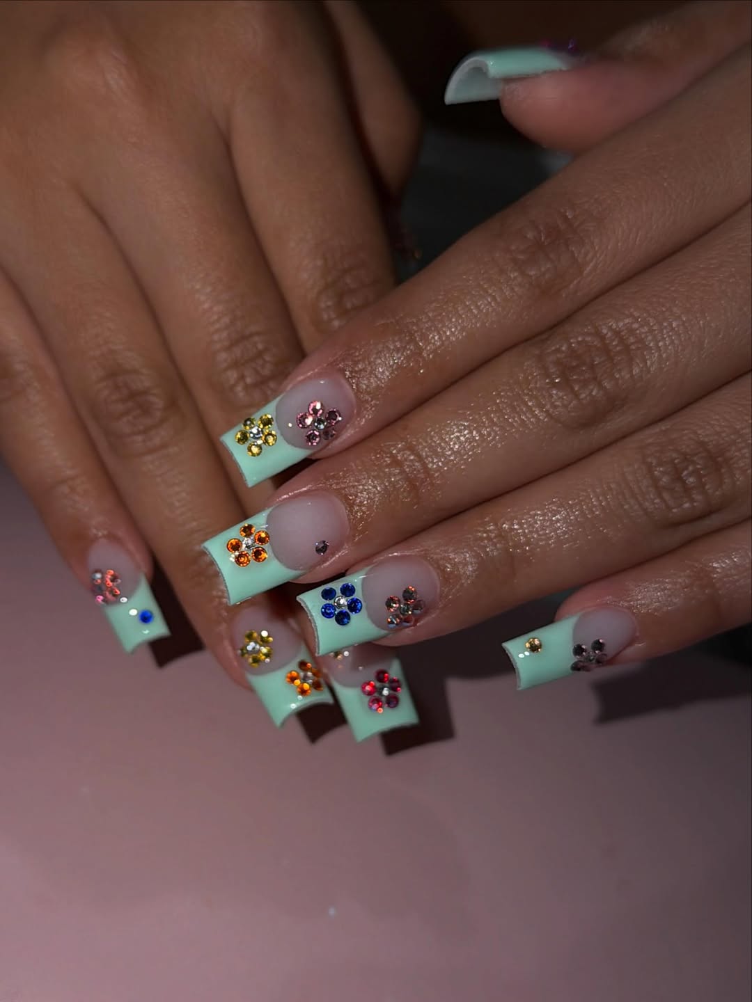 Mint Green French Tip Flower Rhinestone Nails