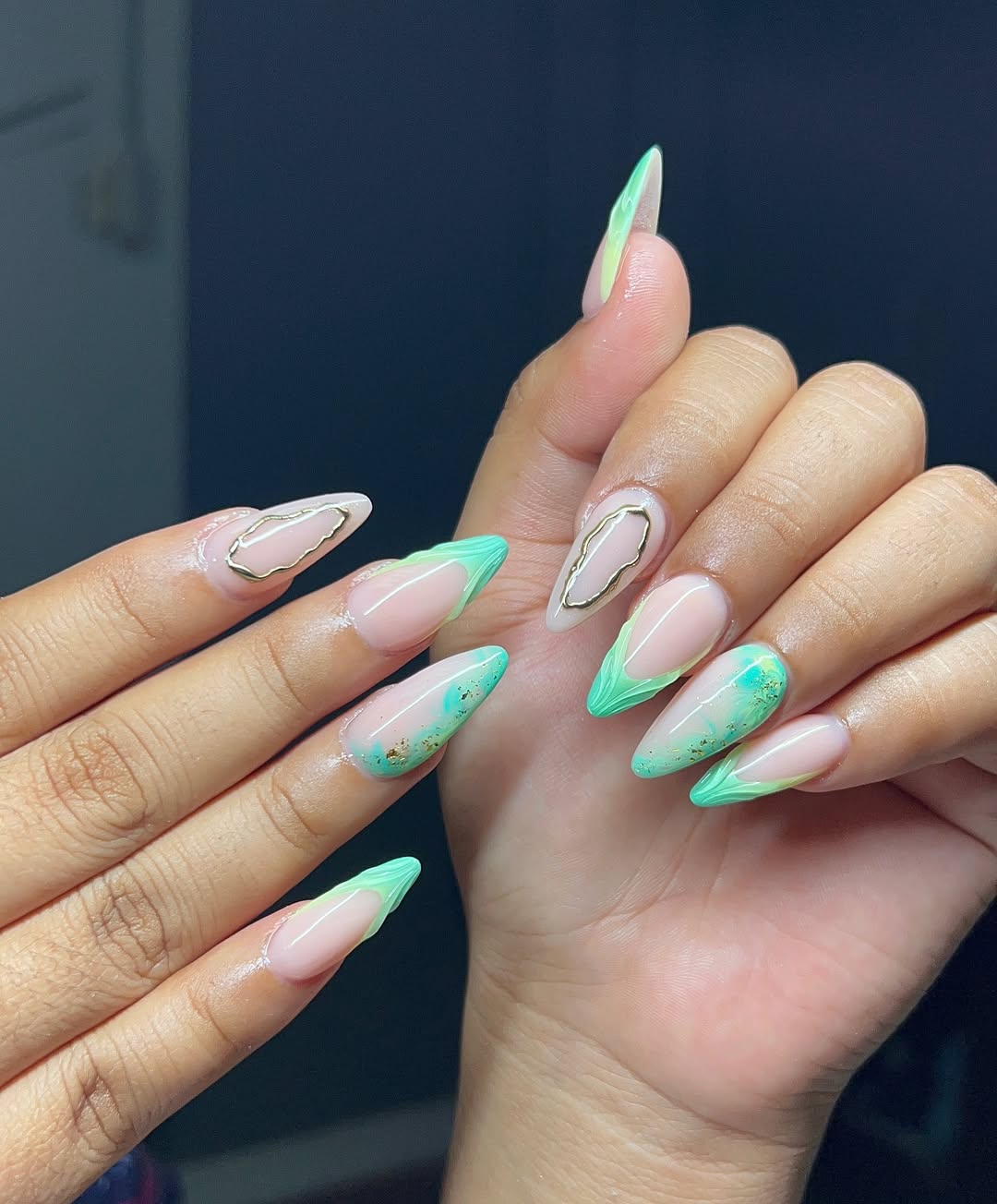 Mint Green Swirls Gold Accents Almond Nails