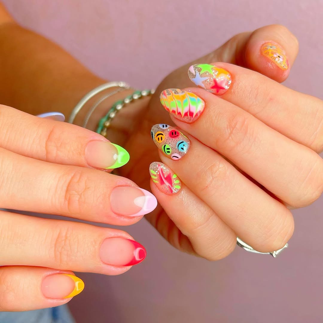 Mismatched Neon French Tips And Funky Nail Art
