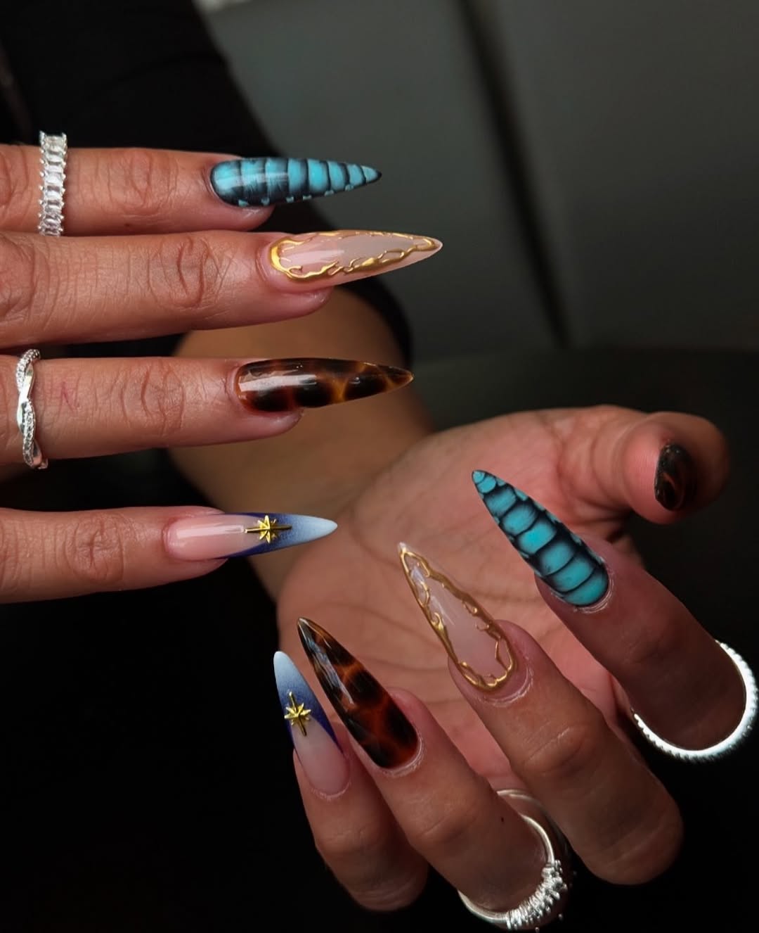 Mixed Media Gold Detail Turquoise Tortoiseshell Stiletto Nails