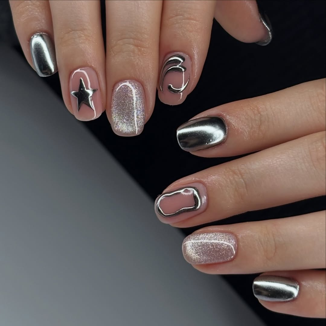 Mixed Metallic Silver Chrome and Glitter Round Nails