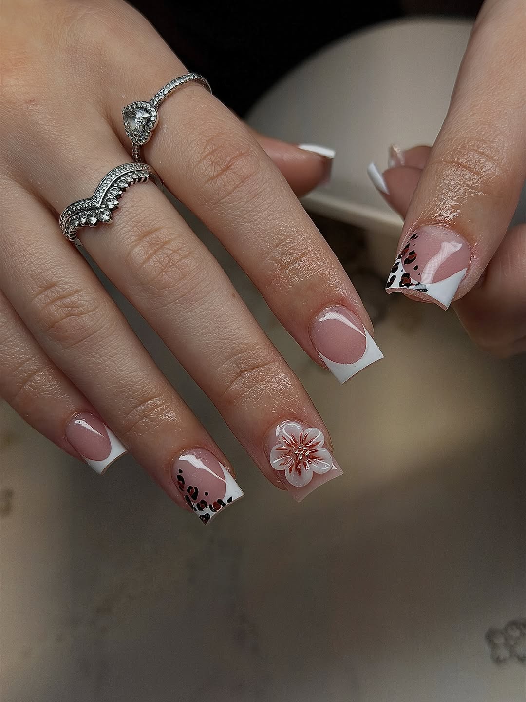 Modern French Tips with Leopard and 3D Flower Accent
