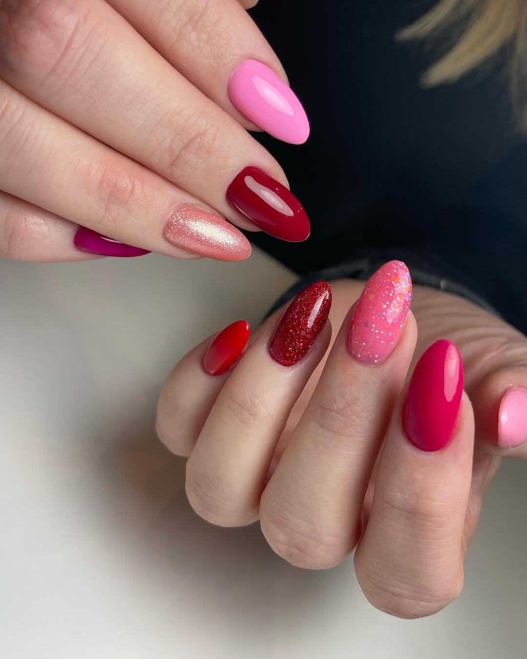 Multi-Tonal Pink Red Glitter Almond Nails