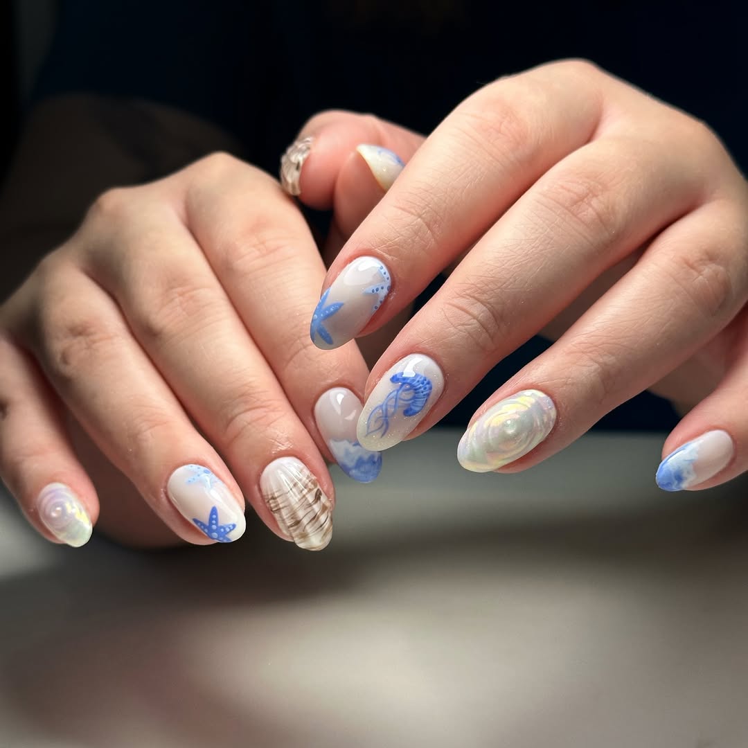 Mythical Jellyfish Starfish Opal Swirl Ocean Nails