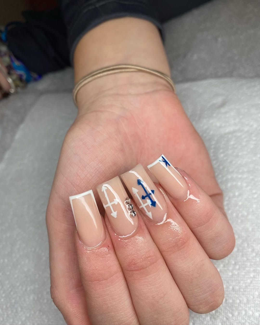 Nautical Anchor Negative Space French Tips with Rhinestones