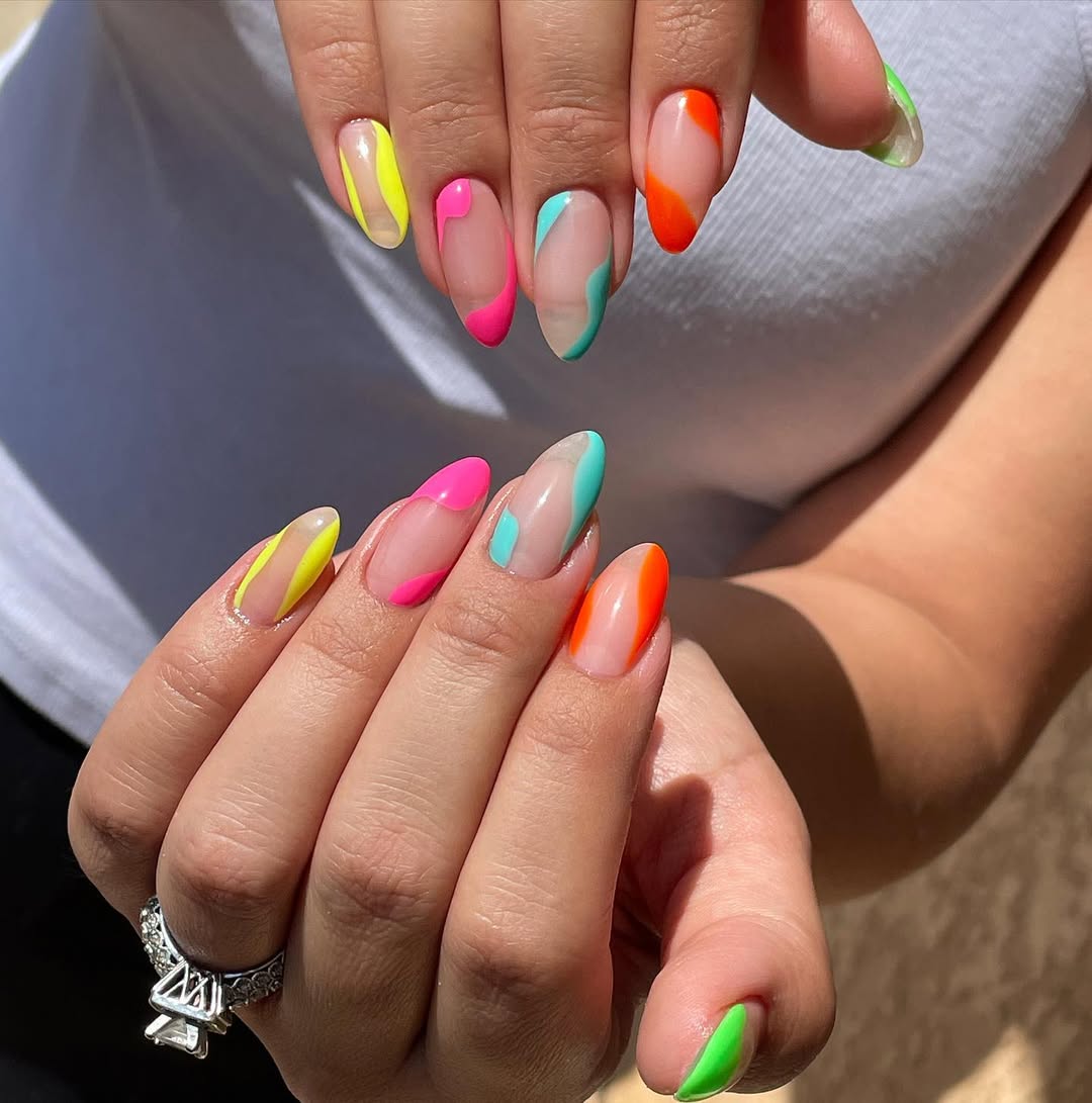Neon Abstract Wavy French Tips Oval Nails