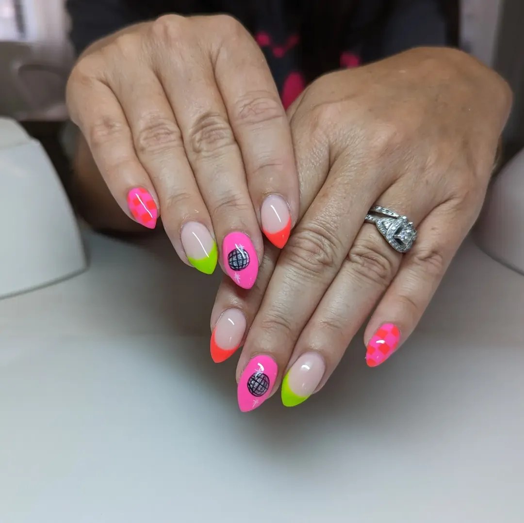 Neon French Disco Ball and Checkerboard Almond Nails