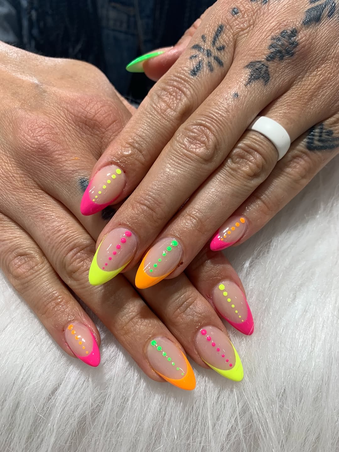 Neon French Tips with Colorful Dot Art