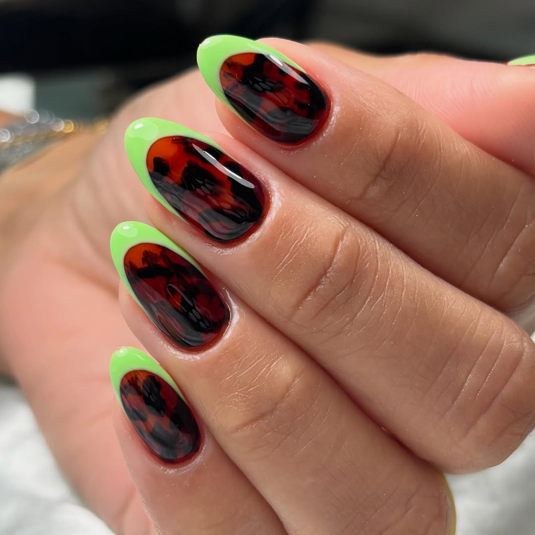 Neon Green Tortoiseshell Glossy Almond Nails