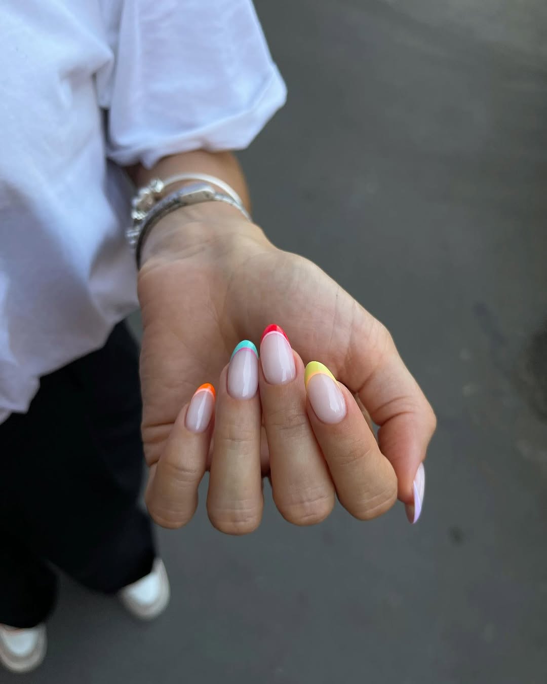 Neon Jelly French Tips on Milky Oval Nails