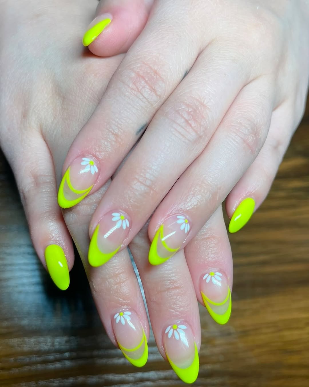 Neon Lime French Tips with Daisy Accents