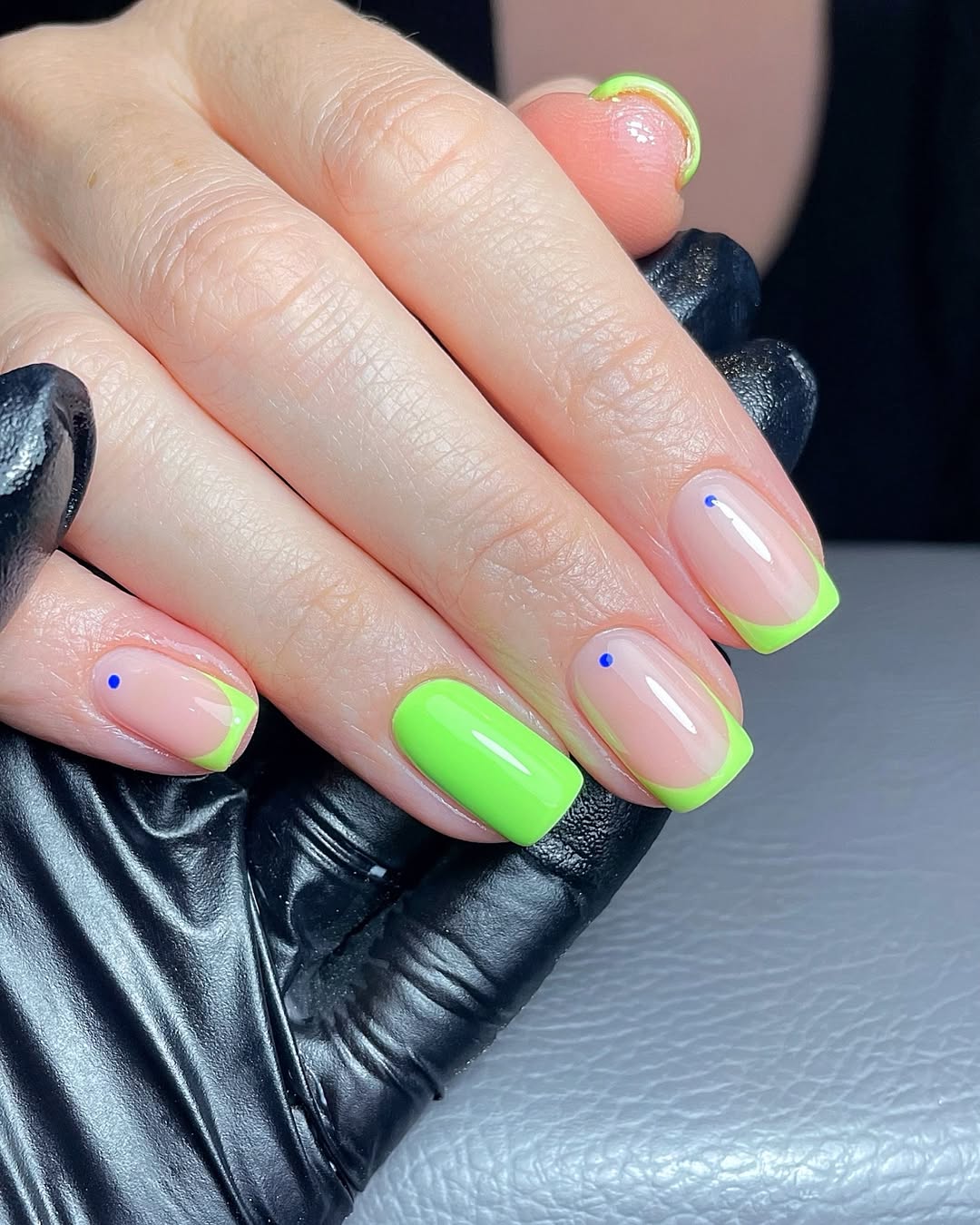 Neon Lime French Tips With Subtle Blue Dot Accent