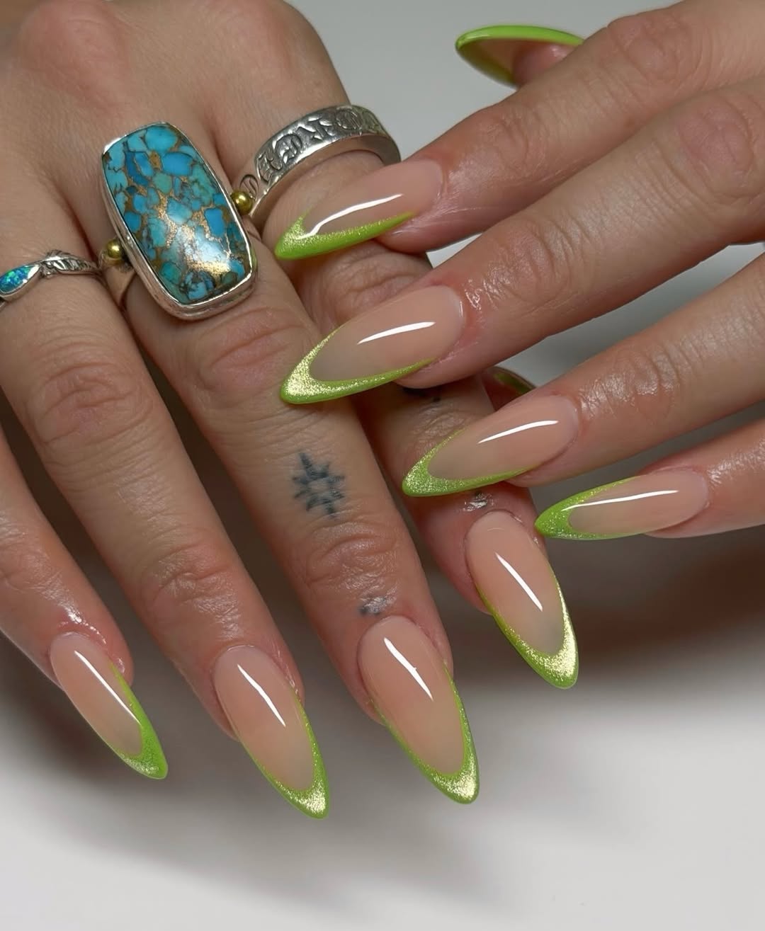 Neon Lime Glitter French Modern Almond Nails