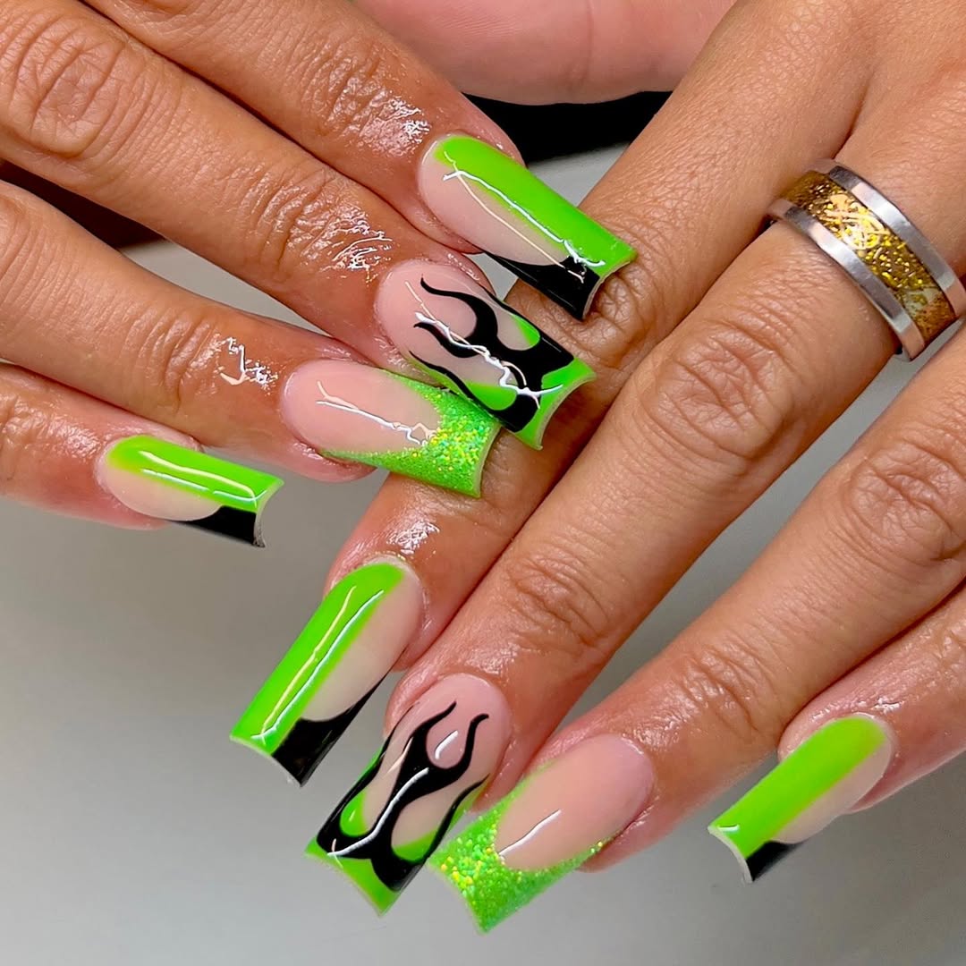Neon Lime Green Flame Design Coffin Nails