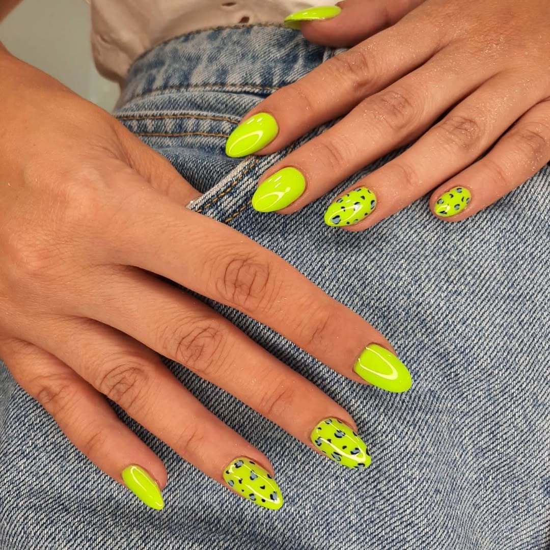 Neon Lime Green Leopard Print Almond Nails