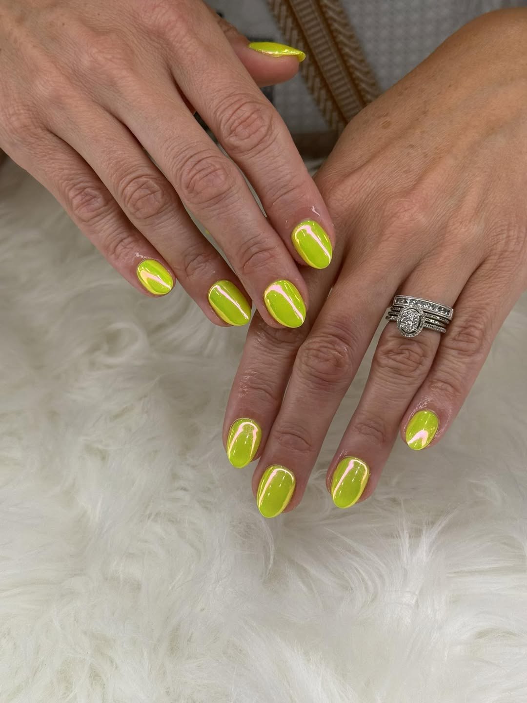 Neon Lime Green Shimmer Oval Nails