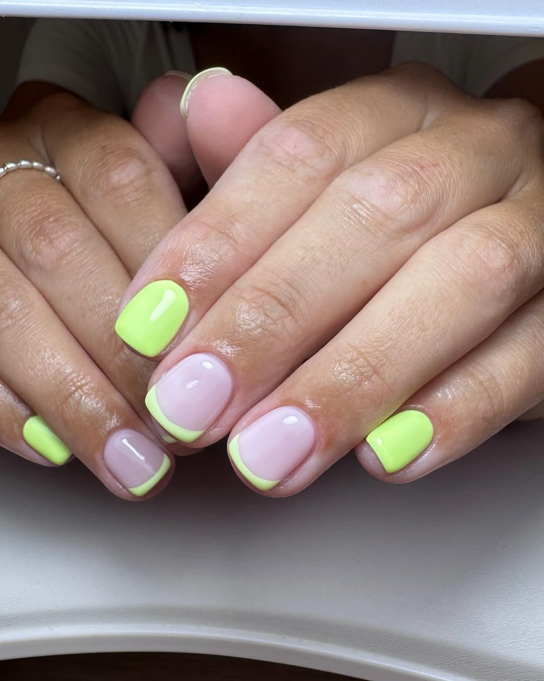 Neon Lime Short French Tips with Solid Accent Nails