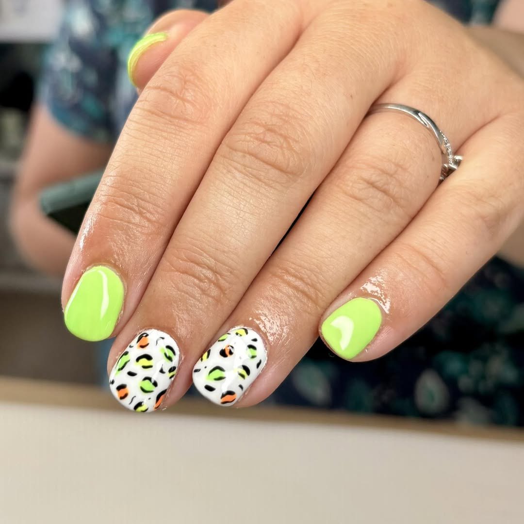 Neon Lime Short Round Nails with White Leopard Print Accents