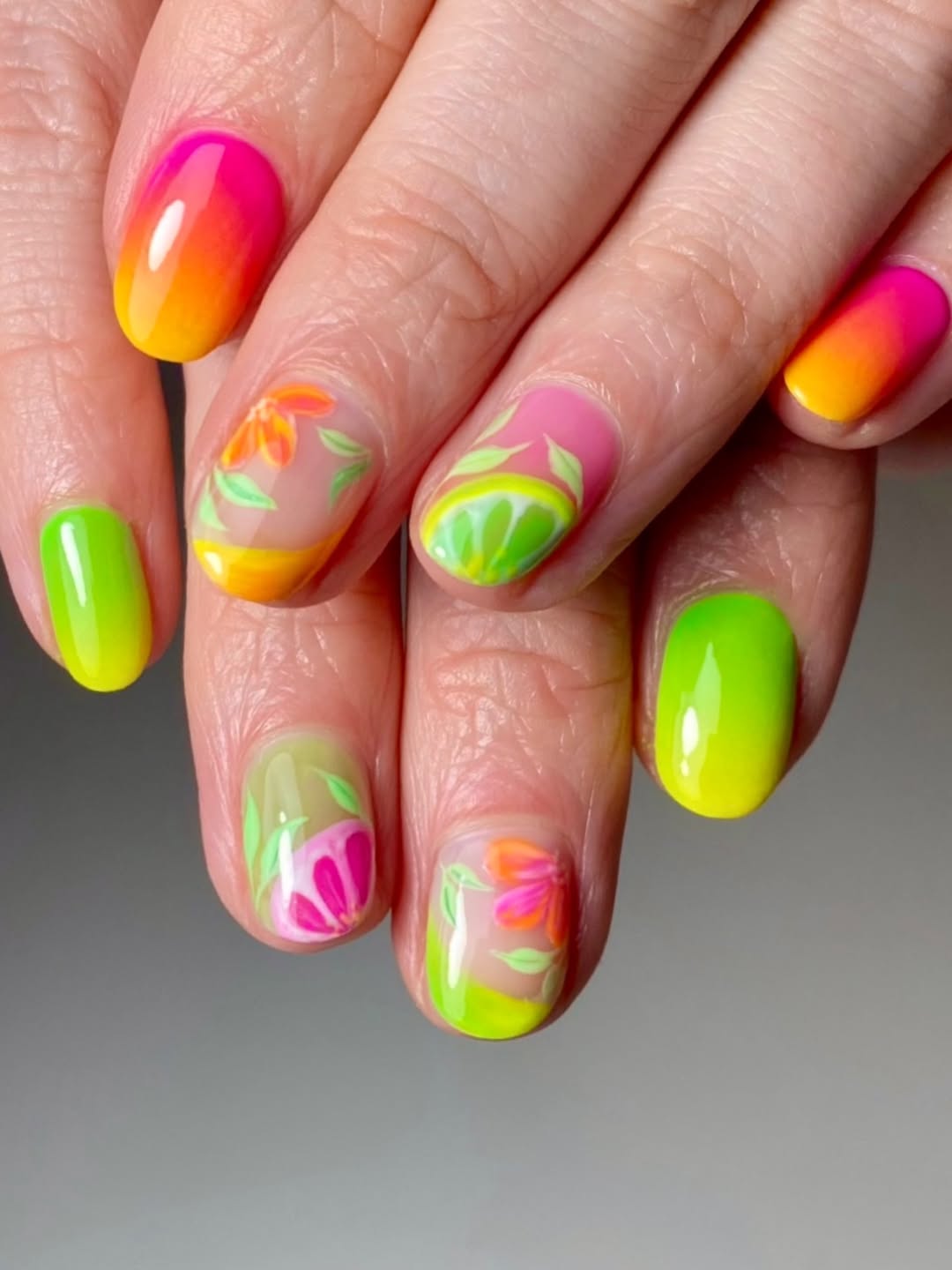 Neon Ombré and Citrus Floral Short Almond Nails