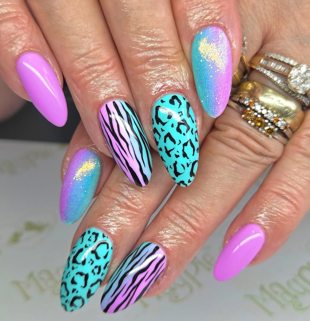 Neon Ombré Animal Print Almond Nails