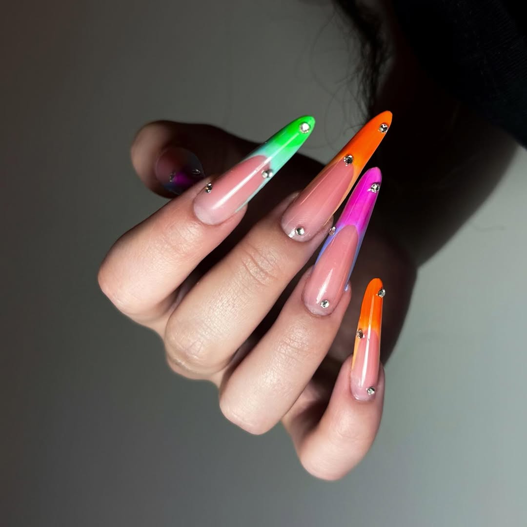 Neon Ombré French Jelly Stiletto Gem Nails