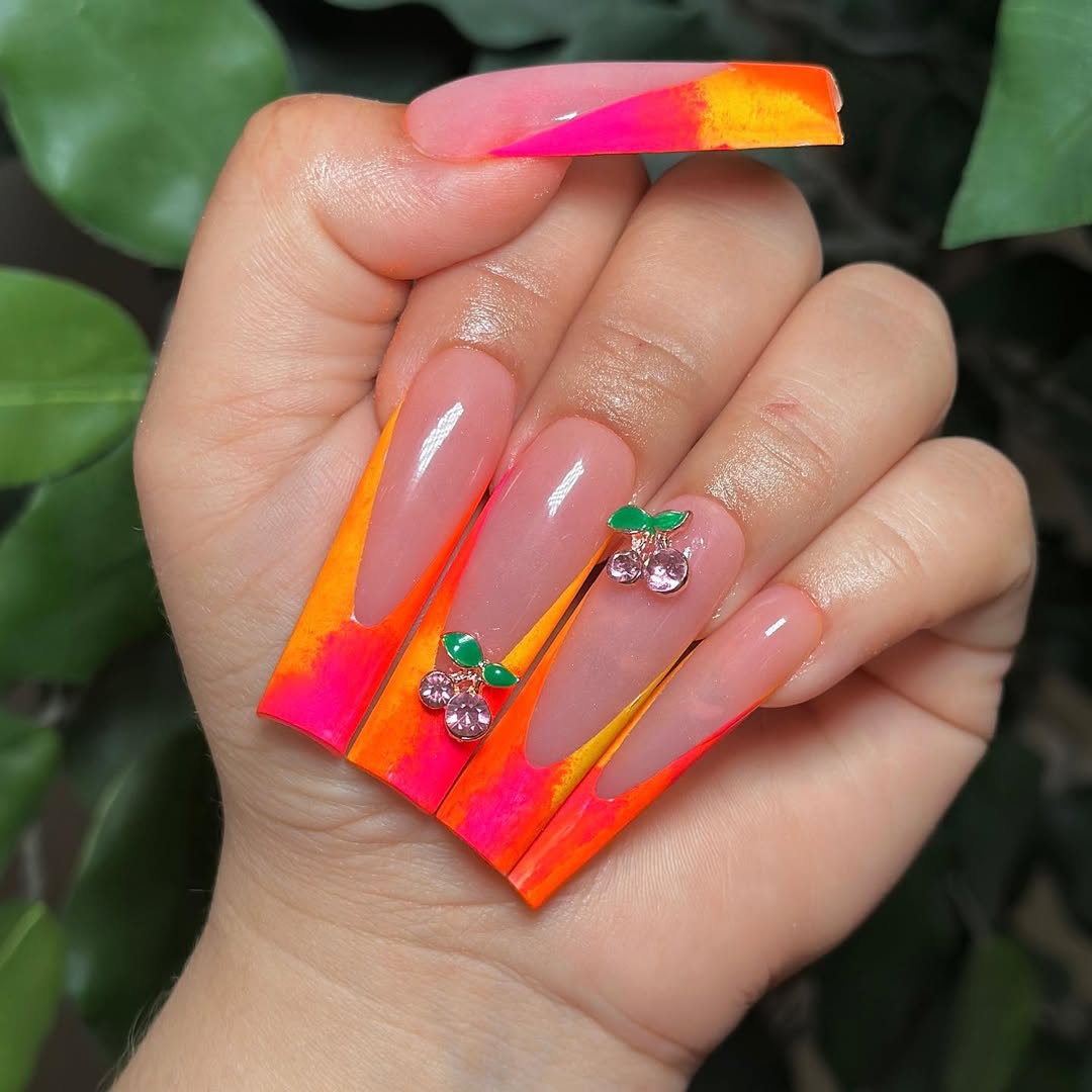 Neon Ombre French With 3D Cherry Charms