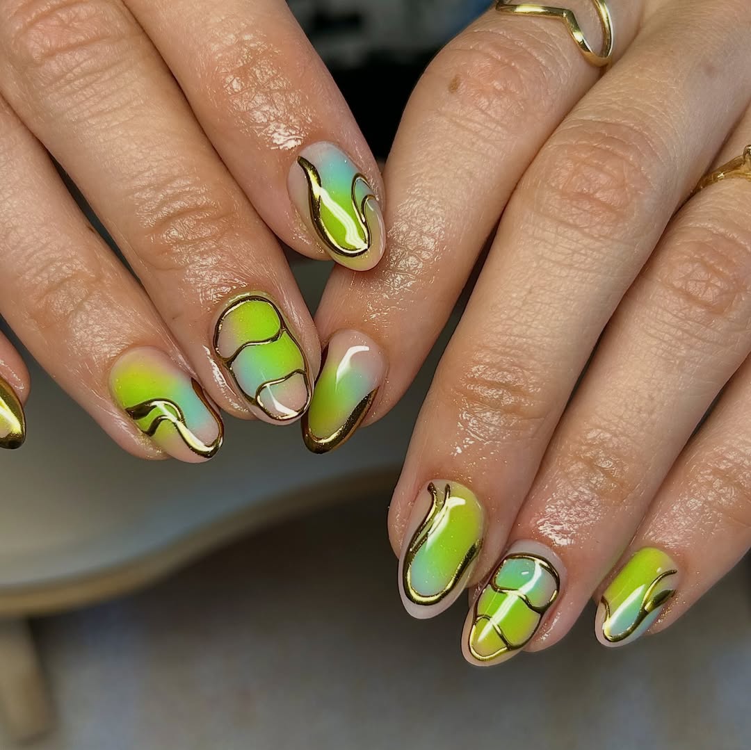 Neon Ombre Gold Outline Abstract Almond Nails