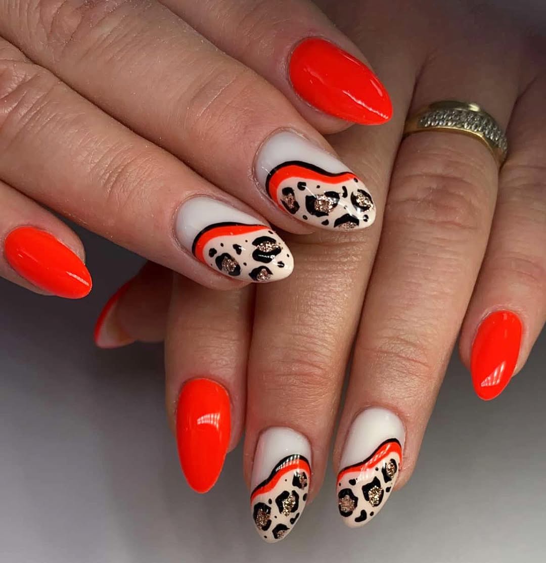 Neon Orange and Leopard Print French Tips