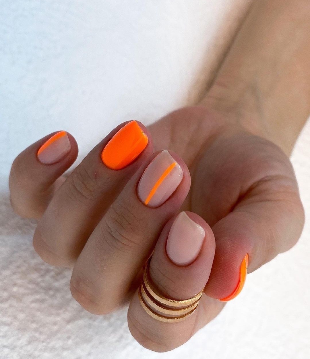 Neon Orange and Nude Minimalist Line Art Nails