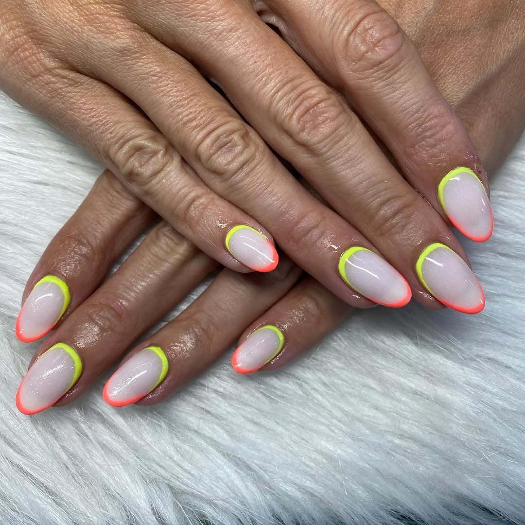 Neon Orange and Yellow Outline French Almond Nails