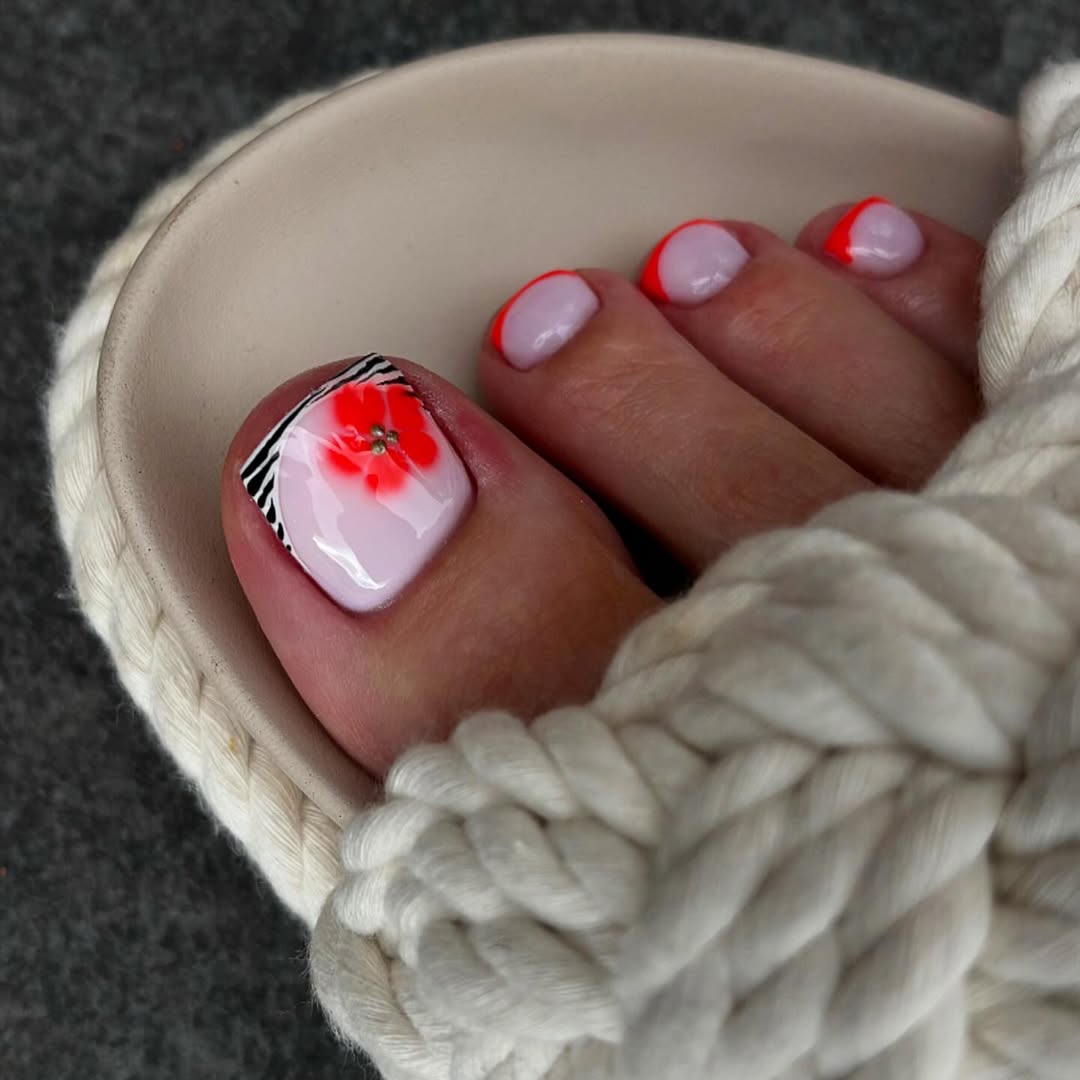 Neon Orange Tips with Flower Accent Toes