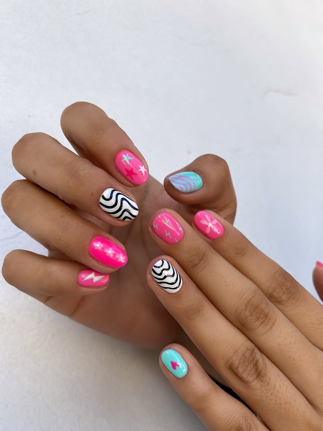 Neon Pink and Aqua Funky Mixed Art Short Round Nails