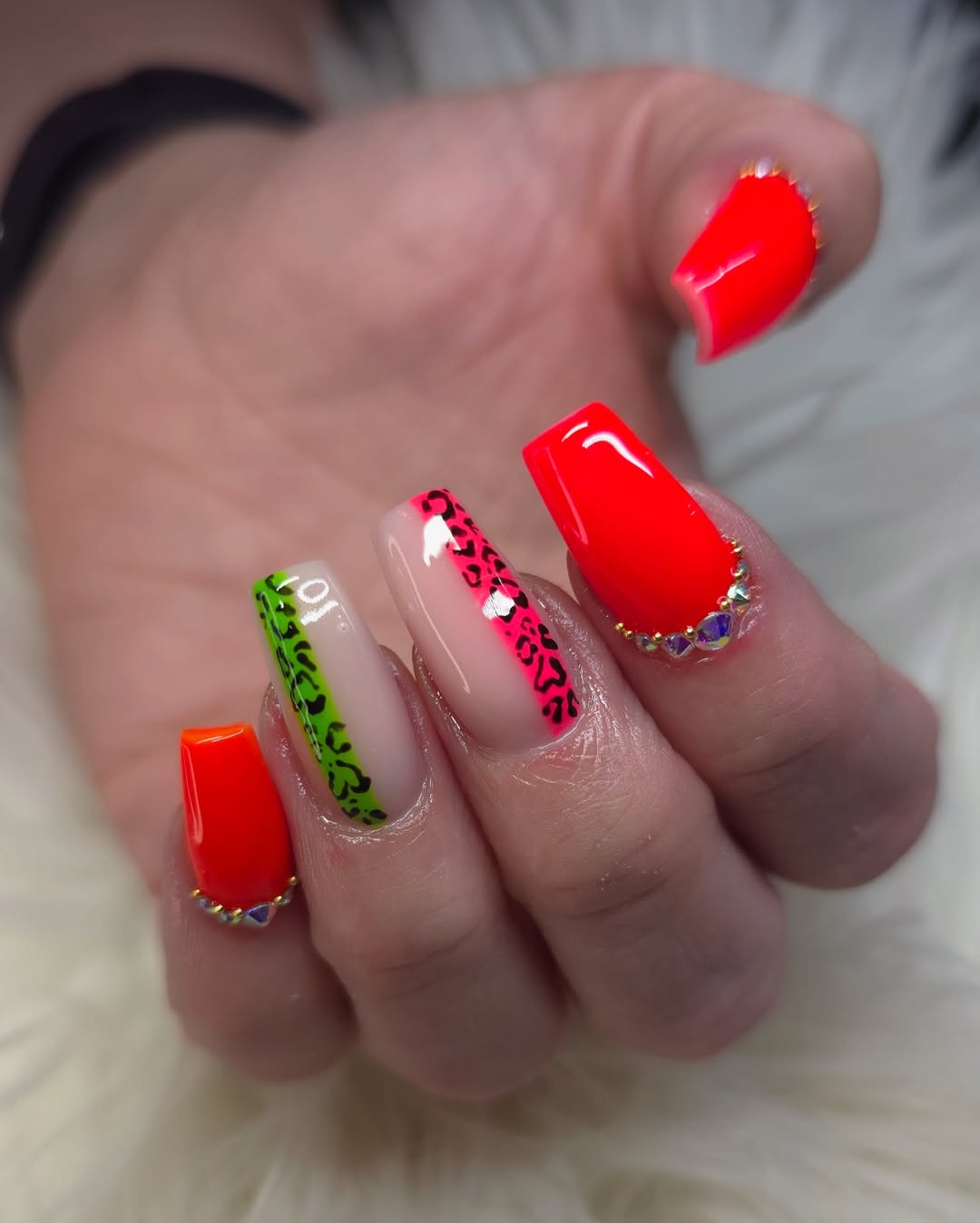 Neon Pink and Green Leopard Print with Rhinestone Accents