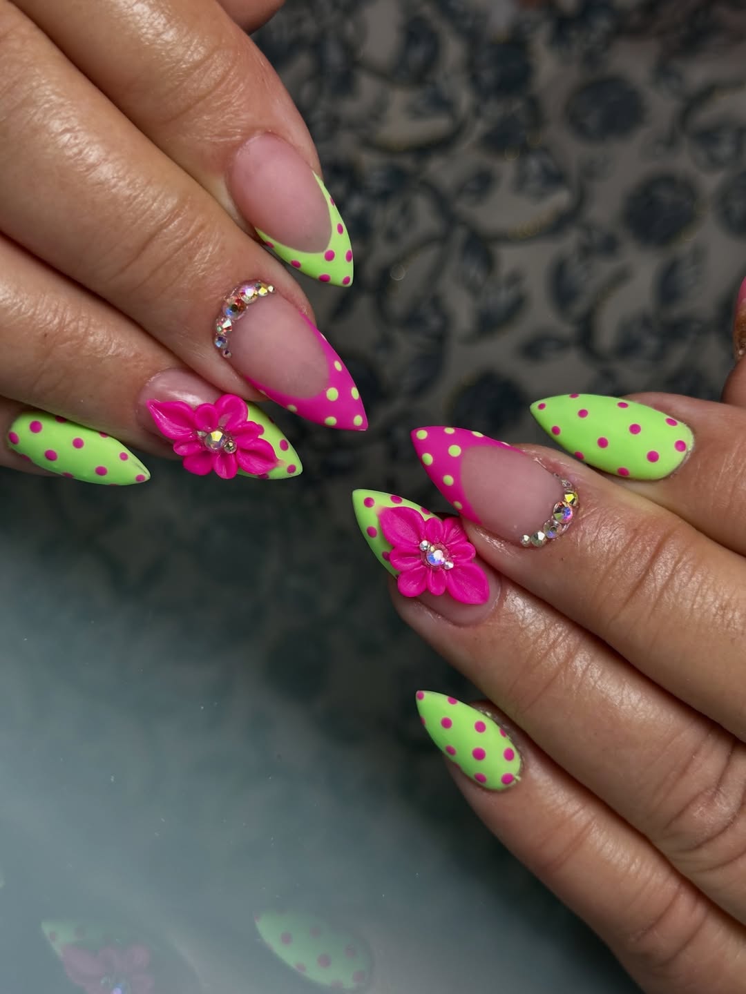 Neon Pink and Green Polka Dot Stiletto Nails