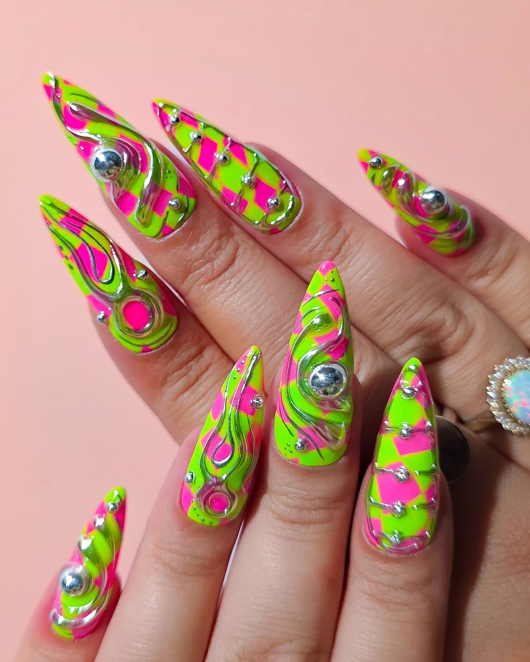 Neon Pink and Lime Green 3D Tribal Stiletto Nails