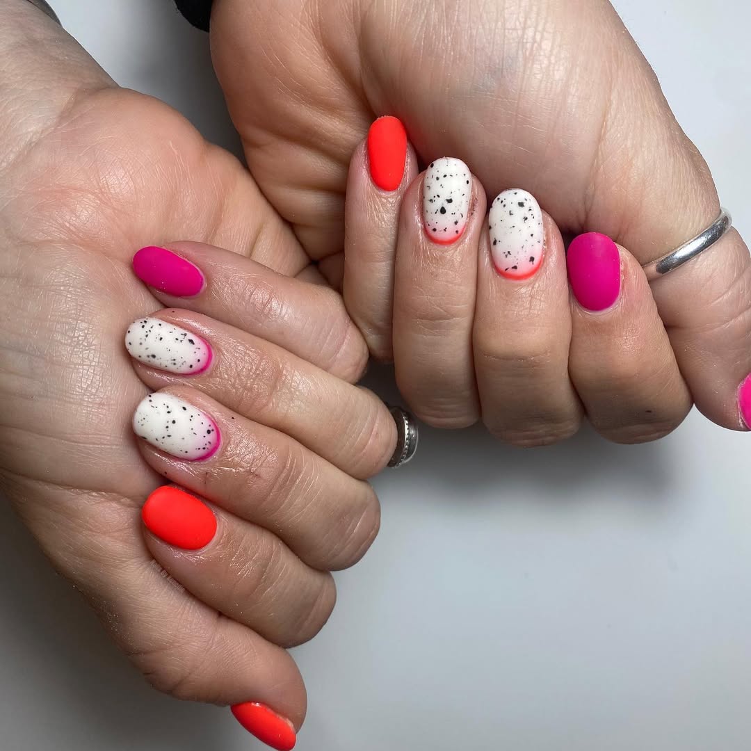 Neon Pink and Orange Matte Quirky Confetti Nails